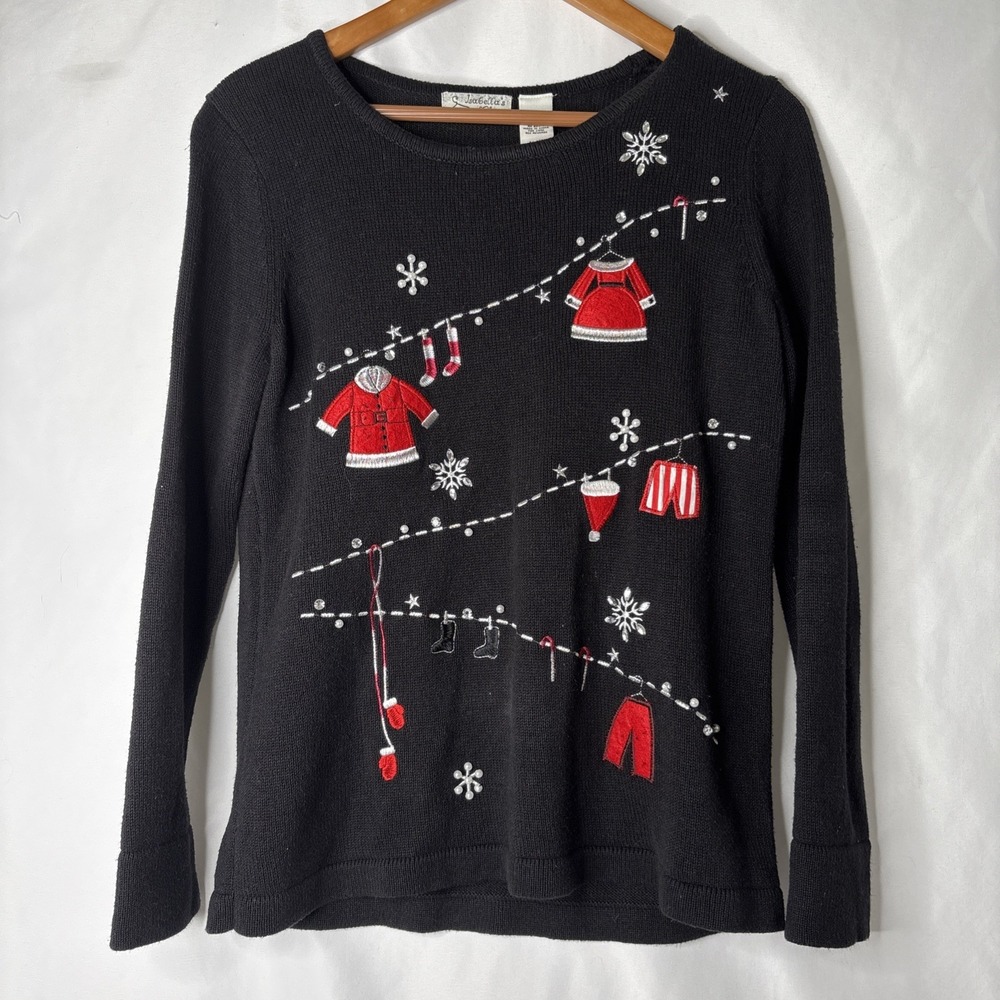 Isabella's Closet Women M Santas Clothesline Laundry Day Christmas Sweater Black